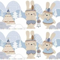 Bordüre Kinder Kaninchen Indianer Weiß Blau Glanz 005496