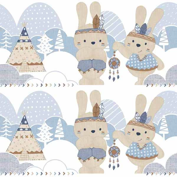 Bordüre Kinder Kaninchen Indianer Weiß Blau Glanz 005496 1 Bordüre Kinder Kaninchen Indianer Weiß Blau Glanz 005496