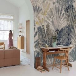 Digitaldruck Fächer Blattmuster Blau Beige Grau ML2901