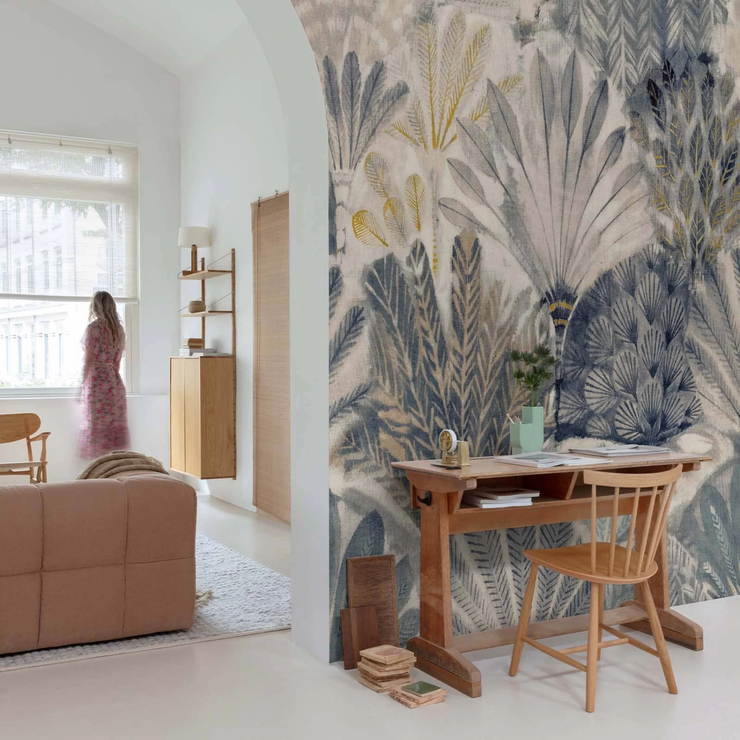 Digitaldruck Fächer Blattmuster Blau Beige Grau ML2901 1 Digitaldruck Fächer Blattmuster Blau Beige Grau ML2901